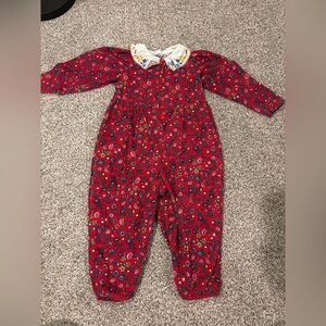 Vintage OshKosh floral corduroy long sleeve romper red embroidered with collar